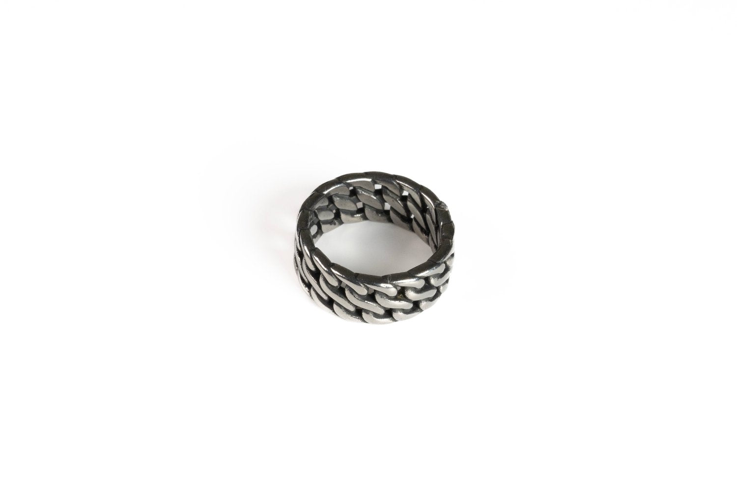 silver banded ring from above